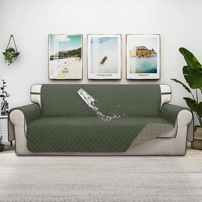 ISSUNTEX Double Protection 100% Waterproof Sofa Covers for Living Room, Couch Covers for 3 Cushion Couch Sofa, Reversible Furniture Protector Sofa Cover for Dogs, Pets (Sofa, Greyish Green/Beige)