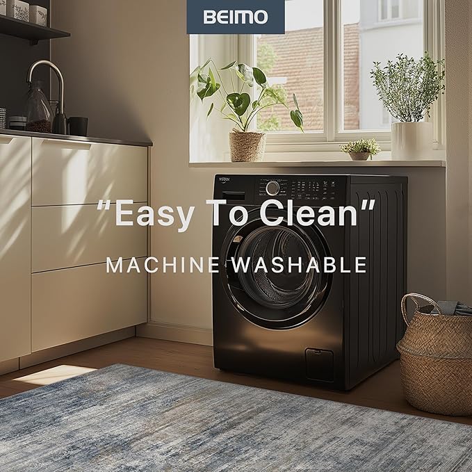 BEIMO Area Rugs 5x7 for Living Room Bedroom, Modern Abstract Machine Washable Rug, Large Soft Low Pile Floor Carpet with Non Slip Backing for Dining Room, Denim Blue/Taupe