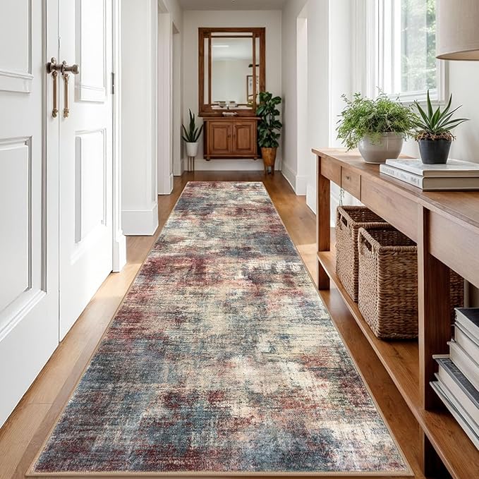 IOHOUZE Abstract Runner Rug 3x12 Ft Washable Runners for Hallways, Non Slip Kitchen Runner Printed Faux Wool Entryway Runner Indoor, Modern Abstract Floor Carpet for Hall Kitchen, Red/Multi