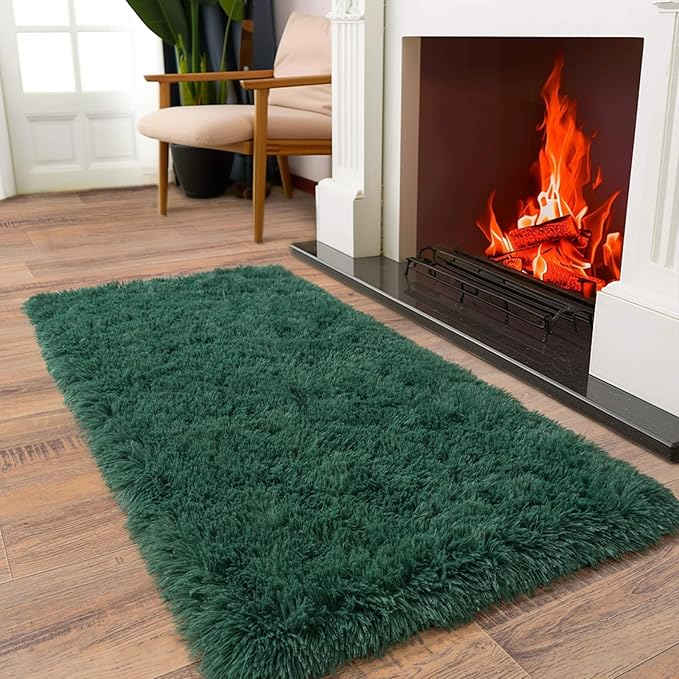 Soft Runner Rugs for Bedroom Hallways New Upgraded Non-Slip Bottom, 2x4 Green Fluffy Shag Throw Area Rug for Bedside Dorm, Long Shaggy Furry Carpet for Nursery Living Room