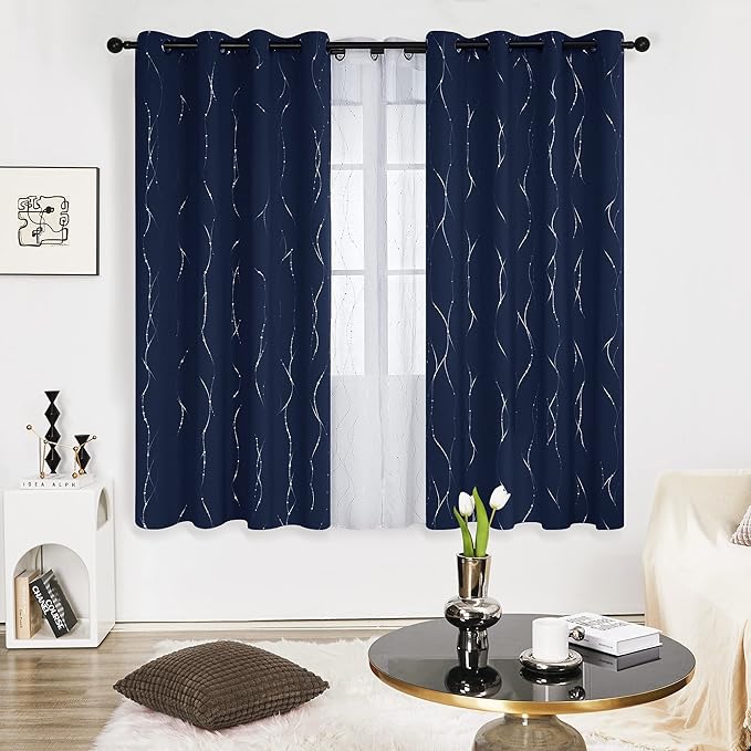 Deconovo Blackout Curtains, Thermal Insulated Noise‑Reducing Grommet Drapes, Wave Line Dot Foil Print, 52 x 72 Inch, 2 Panels, Machine‑Washable Window Curtains for Bedroom Living Room Nursery Kitchen