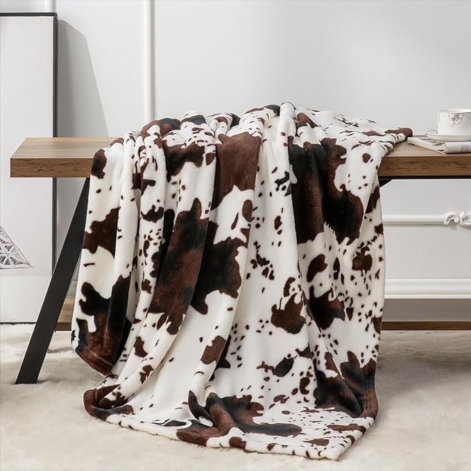 BEDELITE Cow Print Throw Blanket Twin Size for Couch & Bed, 300GSM Cute Plush Cozy Fuzzy Blanket 60x80 inches, Super Soft Warm Lightweight Throw Blanket for Travel Camping, Brown