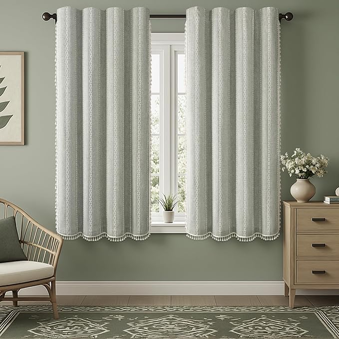 Boho Blackout Curtains 63 Inches Long Sage Green Linen Blend 2 Panels with Tassels and Cotton Embroidery, Farmhouse Vintage Rustic Rod Pocket Drapes for Living Room or Bedroom