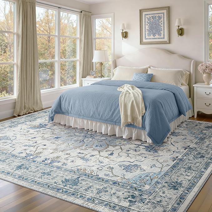 Area Rugs 10'x12' Washable Non-Slip, Floral Vintage Distress Print Pattern Medallion Carpet for Living Room Bedroom Dining Room, Light Blue Navy Beige Gray White