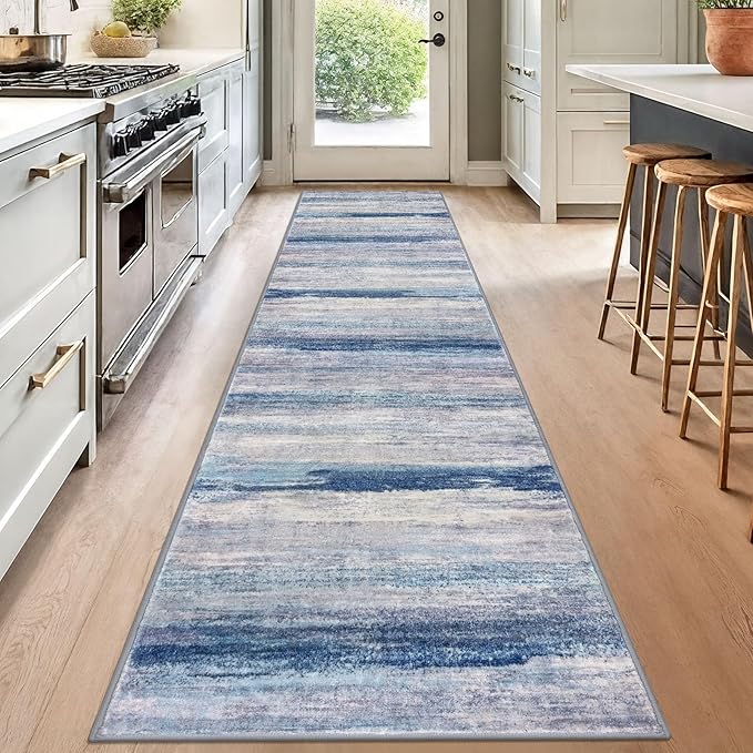 KOZYFLY Modern Abstract Washable Rug Runner 2.6x12 Hallway Rug Runner Non-Slip Soft Kitchen Runner Rugs, Blue/Grey/Beige Striped Carpet for Entryway Bathroom Laundry Room Foyer