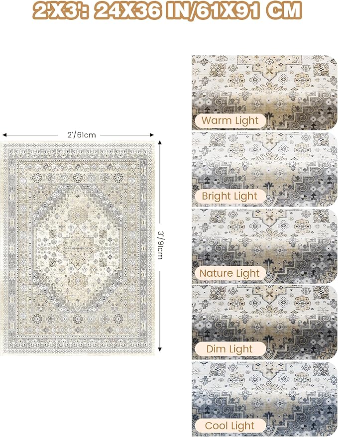 Entryway Rug - 2x3 Washable Rug Runner for Bathroom, Laundry Room, Kitchen, Soft Vintage Hallway Runner for Bedroom, Non-Slip Door Mat Indoor Entrance(Beige,2'x3')