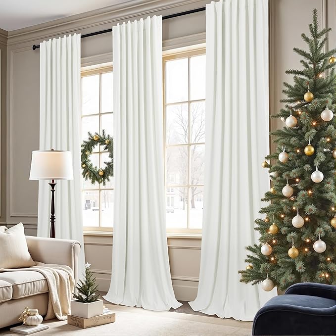 Ivory Blackout Curtains 90 Inches Long 2 Panel Light Blocking Patio Drape for Sliding Glass Doors Rustic Country Curtain for Nursery Bedroom Thick Linen Cotton Textured Off White Back Tab Pocket 52x90