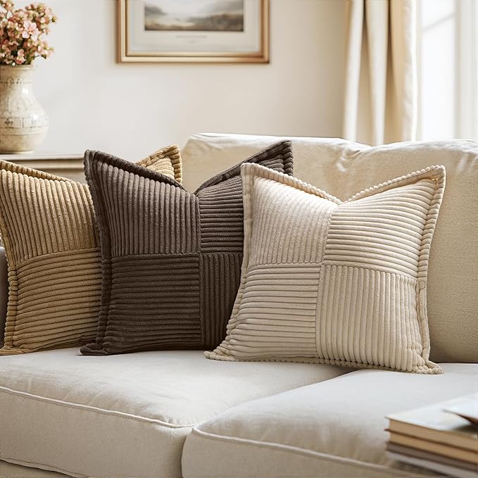 MIULEE Decorative Throw Pillow Covers for Couch Bed Livingroom 18x18 Inch Set of 2 Dark Brown Boho Accent Throw Pllows Broadside Striped Patchwork Soft Corduroy Pillowcases