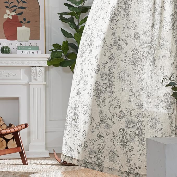 jinchan Linen Blend Curtain Floral Curtains for Living Room 84 Inch Length Grey Printed Curtain Rod Pocket Back Tab Farmhouse Peony Flower Patterned Drapes Bedroom Window Curtains Set 2 Panels