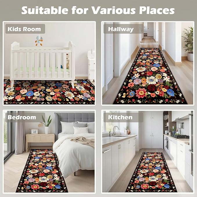 Black/Brown Rug for Hallways Kitchen Rug 2x8, Non Slip Washable Rugs with Rubber Backing Soft Floral Carpet Runner for Hallways, Kitchen, Laundry, Bedroom, Bathroom (2 x 8, Black/Brown)