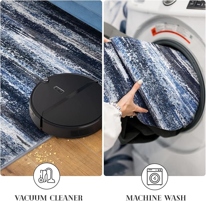 Lansny Modern Abstract Runner Rug 2x5, Navy Blue Washable Entryway Kitchen Runner Non-Slip Soft Hallway Rug Runner Thin Print Faux Wool Carpet for Bedroom Laundry Room Indoor
