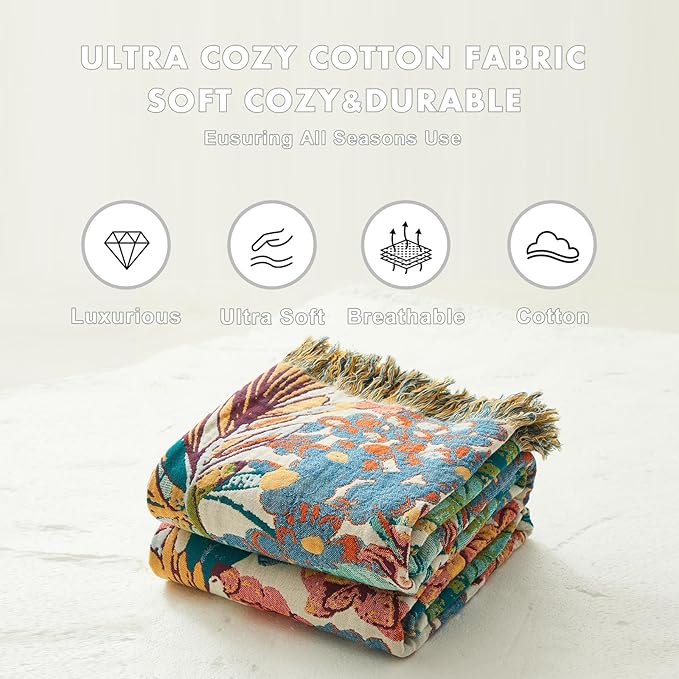 MSGKV Boho Throw Blanket for Bed Couch Twin Size Cotton Vine Blanket 60"x80" Couch Muslin Spring Breathable Lightweight Farmhouse Blankets for All Seasons Home Decor