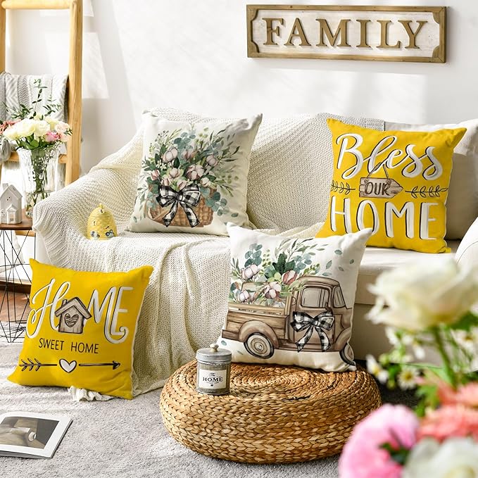 AVOIN colorlife Bless Our Home Farmhouse Eucalyptus Leaves Throw Pillow Covers, 18 x 18 Inch Truck Home Sweet Cushion Case Decorations Set of 4