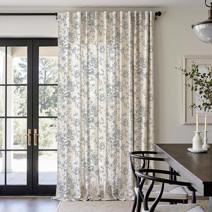 jinchan Linen Floral Curtains 100 Inch Extra Wide for Patio Sliding Glass Door Room Divider Curtain for Living Room 108 Inch Length Farmhouse Peony Blue Printed Curtain Set 1 Panel