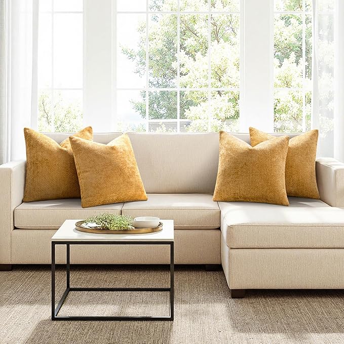 MIULEE Pack of 4 Couch Throw Pillow Covers 20x20 Inch Gold Soft Decorative Chenille Pillow Covers Farmhouse Accent Cushion Covers for Boho Spring Home Decor Sofa Bedroom Living Room