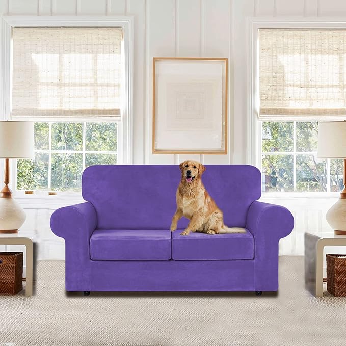 WEERRW Velvet Couch Covers for 2 Cushion Couch Sofa - High Stretch Luxury Velvet Plush 3 Pieces Sofa Slipcovers with Elastic Bottom, Furniture Protector for Pets, Machine Washable, Purple, Medium