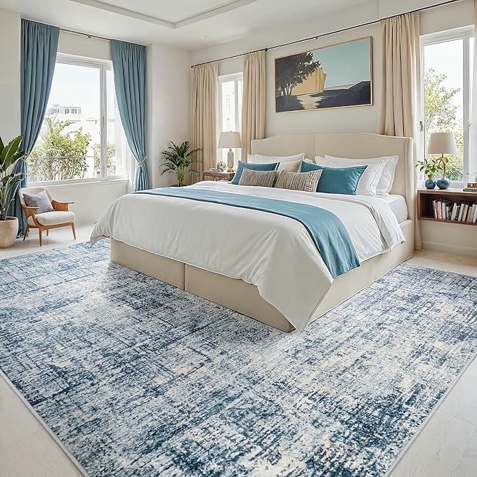 9x12 Area Rugs for Living Room Washable Rug: Anti-Skid Abstract Modern Living Room Rug Soft Thin Carpets Indoor Floor Non-Shedding Carpet for Bedroom Dining Farmhouse Nursery Home Office Blue Gold