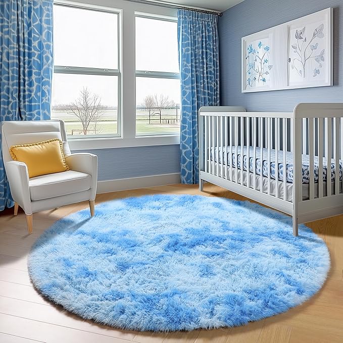 ONASAR Round Rugs 5ft for Bedroom Living Room, Tie-Dye Blue Fluffy Circle Area Rug for Kids Girls Boys Teen, Soft Plush Shaggy Carpet for Nursery Dorm Classroom Playroom Home Decor Aesthetic