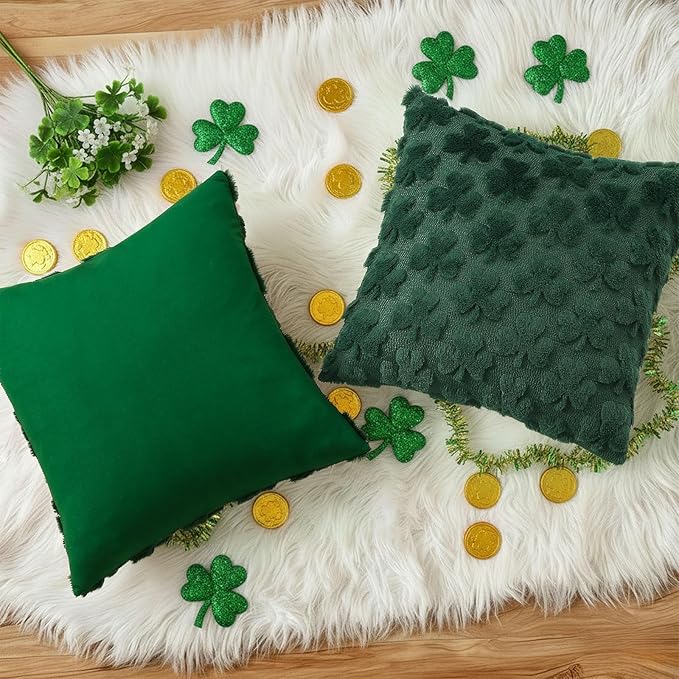 decorUhome St. Patrick’s Day Shamrock Green Pillow Covers 18x18 Inch Set of 2, Soft Plush Faux Wool Throw Pillow Covers, Farmhouse Spring Holiday Decor for Sofa Living Room
