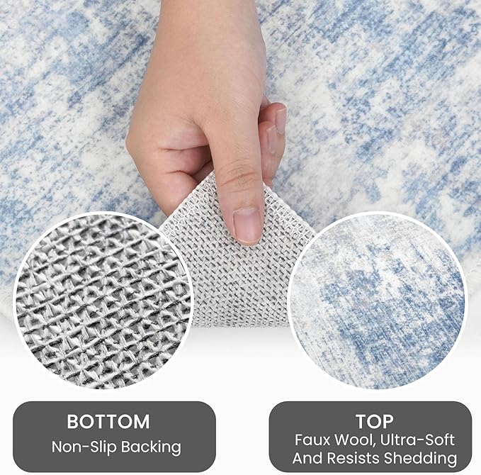 IOHOUZE Abstract Runner Rug 2x12 Ft Washable Runners for Hallways, Non Slip Kitchen Runner Printed Faux Wool Entryway Runner Indoor, Modern Abstract Floor Carpet for Hall Kitchen, Light Blue Grey