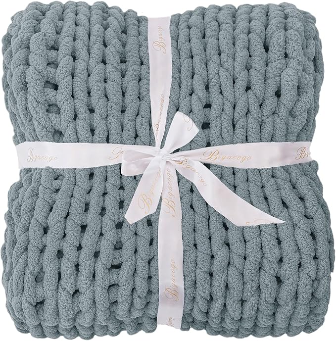 Bigacogo Chunky Knit Throw Blanket for Couch, 40x80 inches, 100% Hand Knitted with Thick Jumbo Chenille Yarn, Cozy Soft Large Rope Knot Cable Crochet Blankets for Sofa Bed Living Room, Dusty Blue