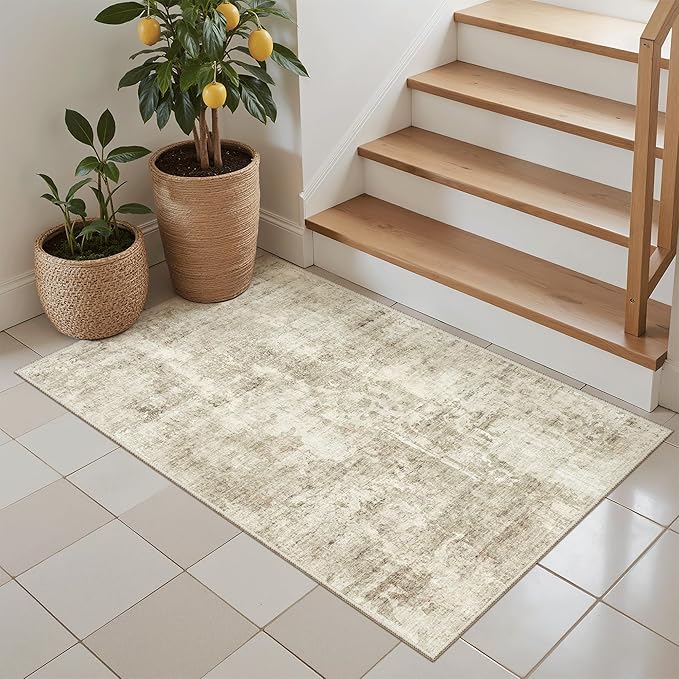 2x3 Washable Rugs for Kitchen, Floor, Entryway, Powder Room Small Area Rug Non-Slip Vintage Low Pile Throw Door Mat Beige/Gray