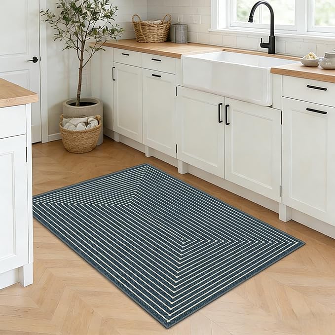 Latte&Fog 2x3 Entryway Rug, Small Modern Abstract Door Mat, Washable Kitchen Rug Samll Rug, Boho Non Slip Low Pile Carpet for Indoor Kitchen, Entry, Front Door and Bathroom - Blue