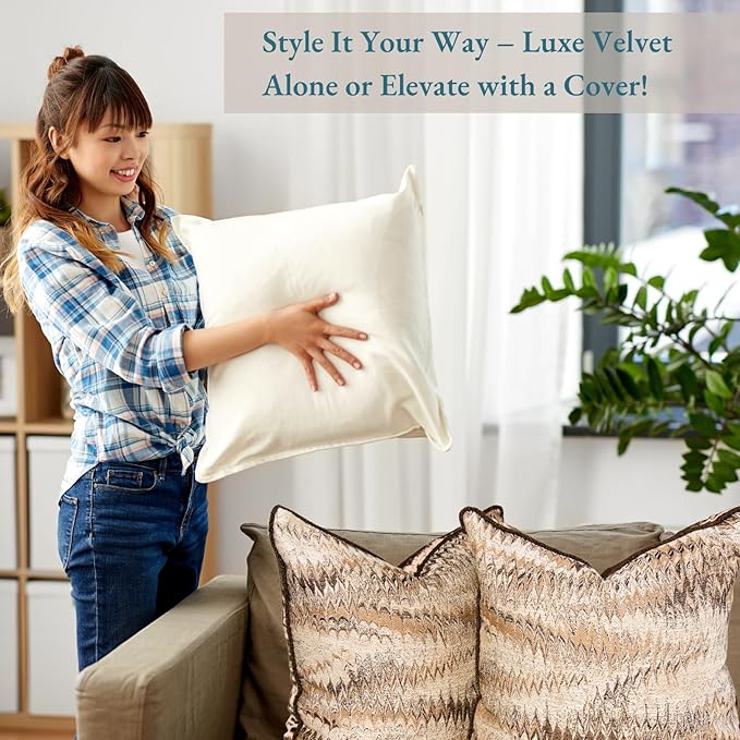 LANE LINEN Synthetic Down Filled Velvet Throw Pillow Inserts Pack of 2 White - 18 x 18 Inches Cushion Inserts for Couch, Bed & Living Room Décor - Indoor Decorative Pillows Made in Canada