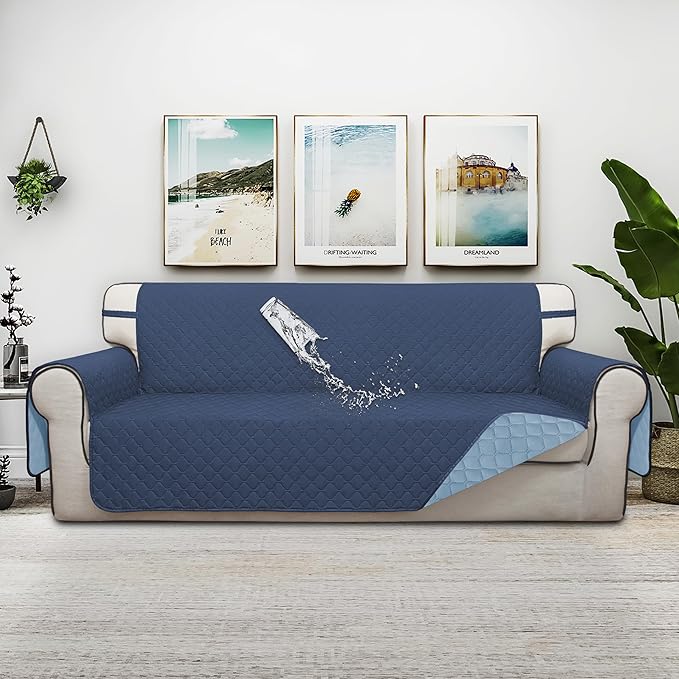 ISSUNTEX Double Protection 100% Waterproof Sofa Covers for Living Room, Couch Covers for 3 Cushion Couch Sofa, Reversible Furniture Protector Sofa Cover for Dogs, Pets (Sofa, Dark Blue/Light Blue)