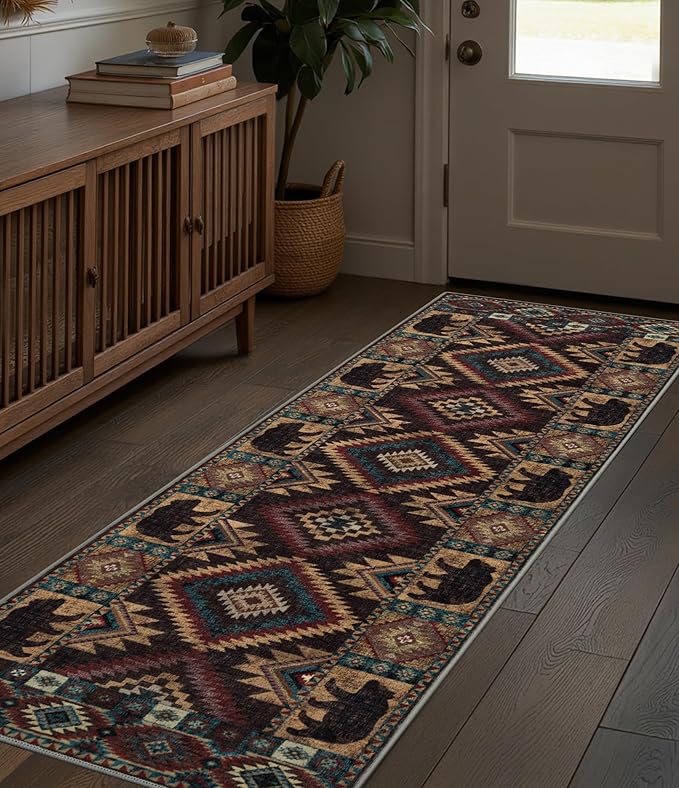 Hallway Runner Rug 2x6 Indoor Door Mat -Western Rug Bear Rustic Cabin Non-Slip Entryway Rug, Low Pile Tribal Print for Kitchen, Bedroom