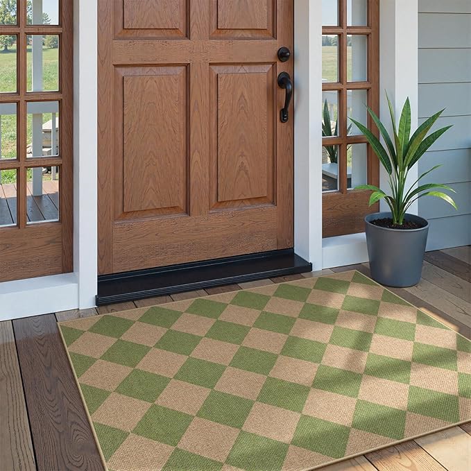 Lahome Colette Green Checkered Easy Jute Rug, 3x5 Washable Outdoor Rug Neutral Rug for Entryway, Checkerboard Non Slip Non Shedding Floor Carpet for Living Room Front Door Porch