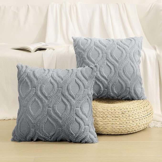 decorUhome Throw Pillow Covers 12x20 Inch Set of 2, Soft Plush Faux Wool Grey Solid Couch Pillow Covers, Accent Farmhouse Neutral Rectangle Pillow Cases for Sofa Bed Living Room