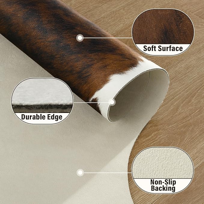 AROGAN Western Decor Faux Fur Cowhide Rug, 5.2x6.3 Feet Premium Animal Skin Cow Hide Rug, Sturdy Cow Print Rugs for Wall Decor, Western Floor Carpet for Bedroom Living Room, Black and Brown