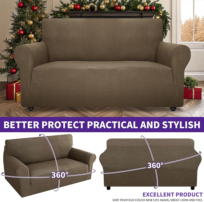 ZNSAYOTX Super Stretch Couch Cover Love Seat Sofa Covers for Living Room Dogs Pet Friendly Furniture Protector Spandex Loveseat Slipcovers with Anti Slip Foam Sticks (Brown, Loveseat)