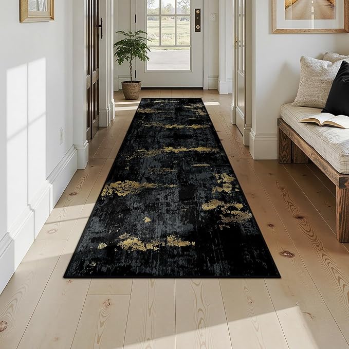Washable Area Rugs 2'6''x10 Non-Slip Modern Abstract Soft for Living Room Entryway Bedroom Nursery, Print Pattern, Dark Black Gold