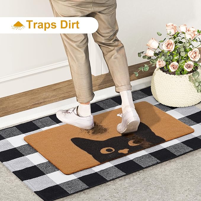 UINI Welcome Door Mat Combo Set, 28" x 43" Black and White Plaid Mat +17" x 30" Cat Welcome Mat, 2 PCS Doormat Set for Front Door, Entrance, Porch Decor, Non-Slip