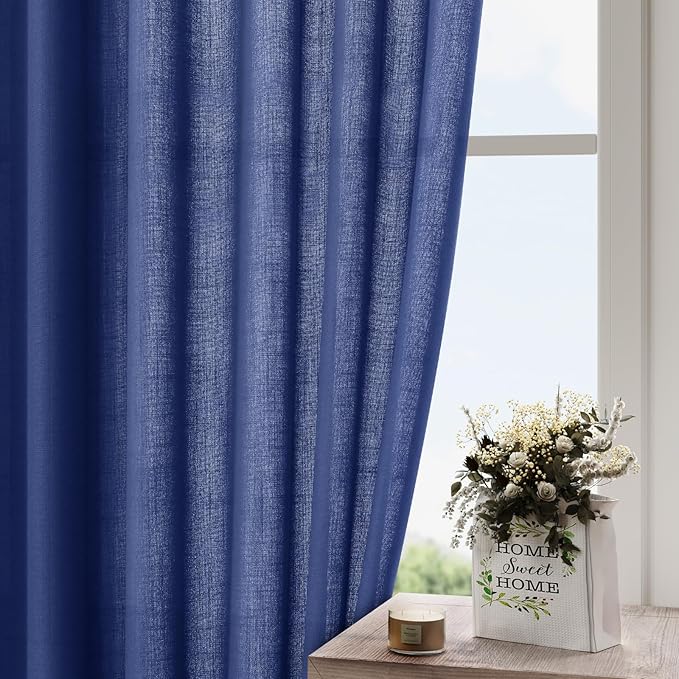 Extra Long Classic Blue Linen Curtains 120 Inch for Living Room 2 Panels Set Rod Pocket Back Tab Light Filtering Semi Sheer Linen Window Drapes Privacy High Ceiling Drapes for Farmhouse 52x120