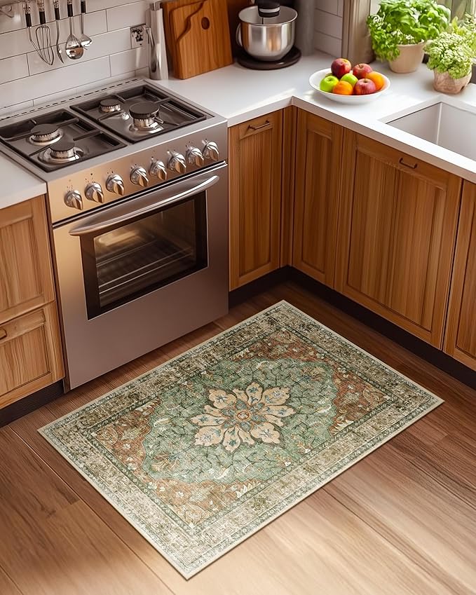 RELEANY Area Rugs 2'x3' Kitchen Rugs Entry Rug Small Rugs for Entryway Kitchen Bathroom Door Mat Indoor Entrance,Washable Non Slip, Brick Red Rust Neutral Brown Burnt Orange Green