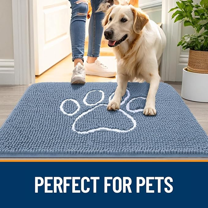 OLANLY Dog Door Mat for Muddy Paws 32x20, Paw Print Design, Absorbs Moisture and Dirt, Non-Slip Washable Doormat, Quick Dry Chenille Mud Mat, Entry Indoor Entryway Carpet, Airy Blue and White