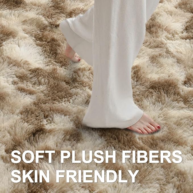6x9 Ft Large Shag Rugs for Living Room Decor, Tie-Dyed Ultra Soft Fluffy Furry Area Rugs for Bedroom Indoor Floor, Aesthetic Carpet for Kids Home (Khaki)