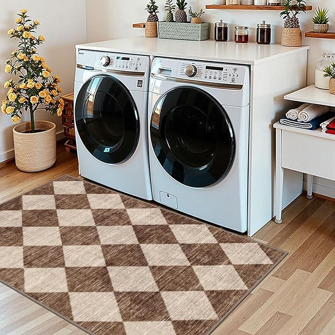 Brown Beige Checkered Entry Rug - 3x5 Non-Slip Washable Indoor Outdoor Front Door Mat Porch Rug Farmhouse Diamond Throw Carpet for Living Room Bedroom Entryway Kitchen Office Fall Porch Decor