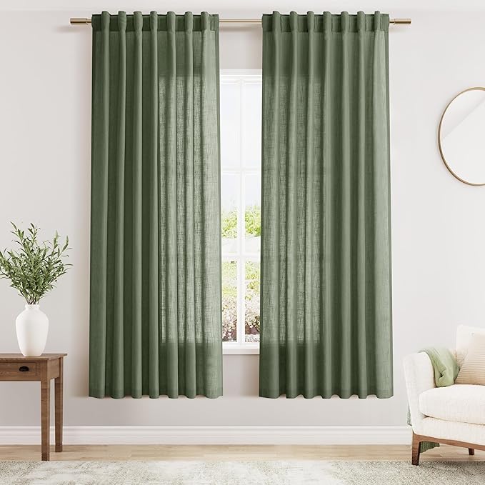 Nanspring Olive Green Linen Blend Semi Sheer Light Filtering Curtains 78 Inches Long 2 Panel Set Pocket Back Tab Privacy Home Decor Curtain Drapes for Bedroom Living Room 52x78