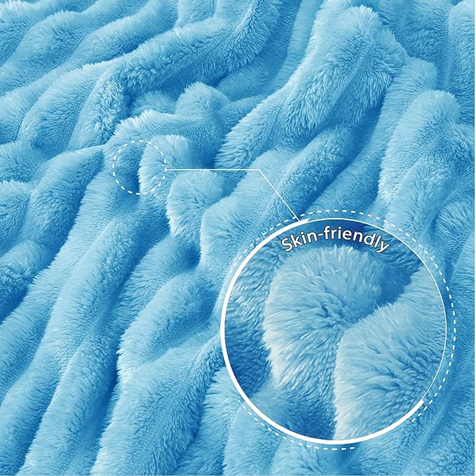 Exclusivo Mezcla Queen Size Flannel Fleece Blanket, Super Soft Striped Jacquard Bed Blanket, Lightweight Fuzzy Cozy for All Seasons, 90x90 Inches, Blue