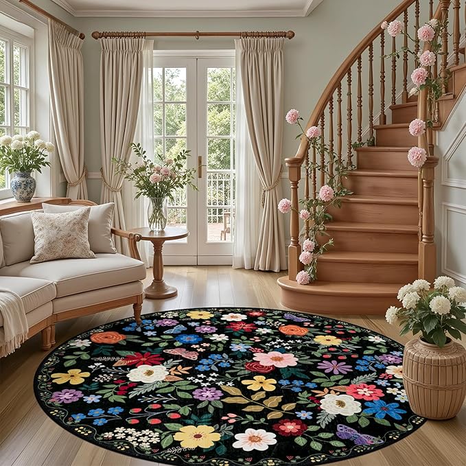 Round Area Rug for Living Room: 6 ft Floral Washable Circle Rug Soft Boho Non-Slip Carpet Indoor Stain Resistant Low Pile Small Circular Rug for Bedroom Entryway Kitchen Nursery Home Office Black