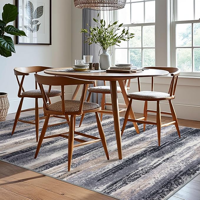 Lansny Modern Abstract 6x9 Machine Washable Living Room Rug Non-Slip Soft Bedroom Area Rug Grey Black Multi Ultra Thin Print Faux Wool Floor Carpet Throw Rugs for Nursery Playroom Dining Room Indoor