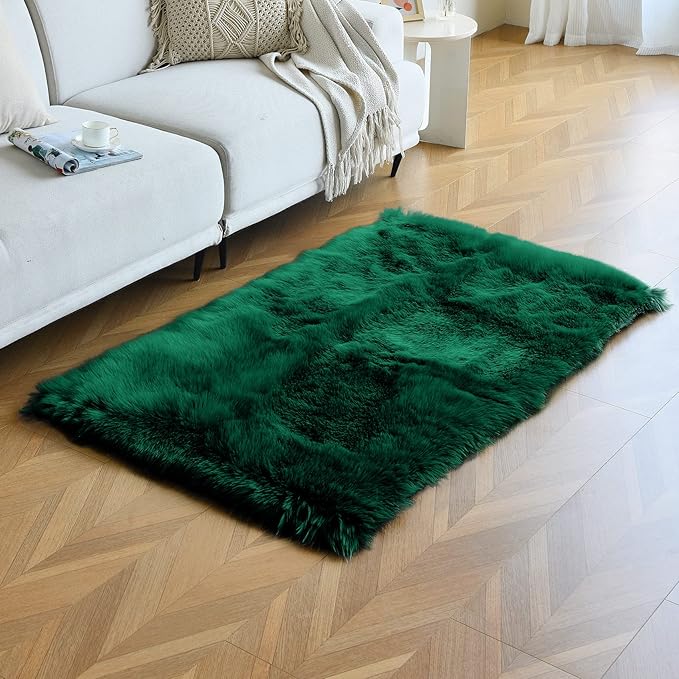 duduta Emerald Green Faux Fur Rug 3x5 ft, Fluffy Shag Rectangular Sheepskin Rug for Bedroom Nursery Living Room Dorm Washable