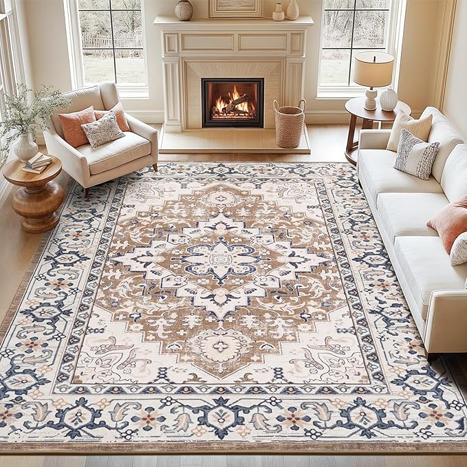 Lofus 9x12 Area Rugs for Living Room, Washable Area Rug, Rugs for Bedroom, Kitchen, Vintage Boho Carpet, Soft Non-Slip, Low Pile Large Area Rug for Office Dining Room, Floral Brown