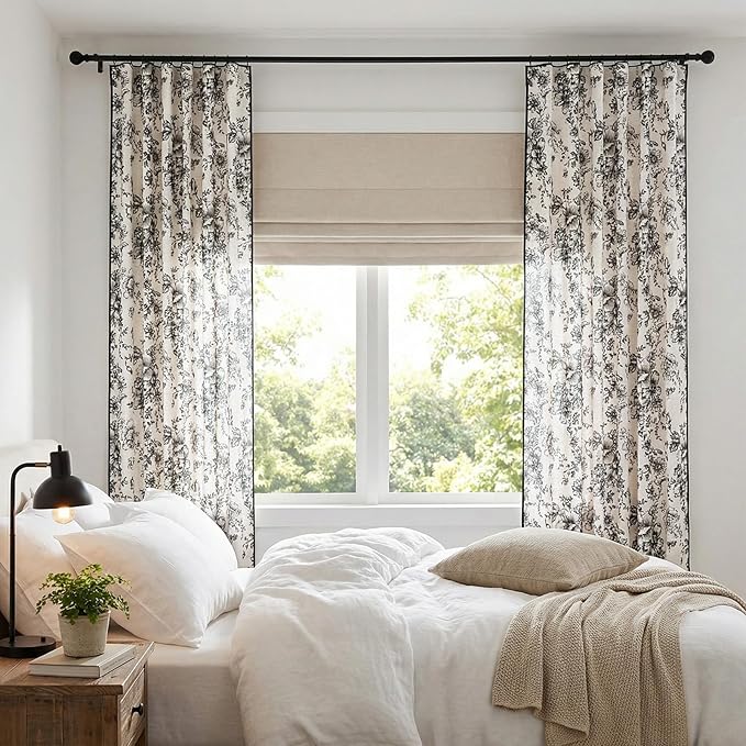jinchan Linen Blend Floral Curtains French Country Curtain for Living Room 84 Inch Length Black Printed Curtain Rod Pocket Back Tab Farmhouse Peony Flower Patterned Drapes Window Curtains Set 2 Panels