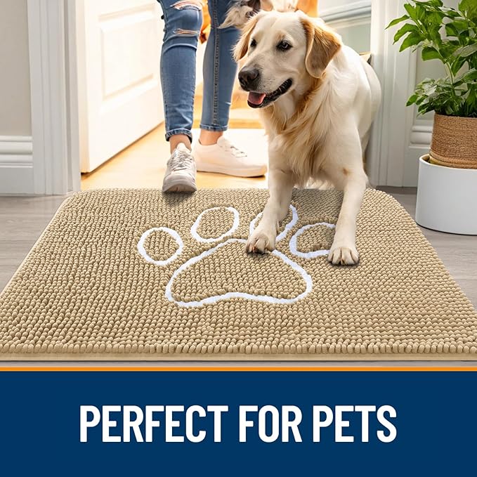 OLANLY Dog Door Mat for Muddy Paws 70x24, Paw Print Design, Absorbs Moisture and Dirt, Absorbent Non-Slip Washable Doormat, Quick Dry Chenille Mud Mat for Dogs, Entry Indoor Entryway Carpet, Beige