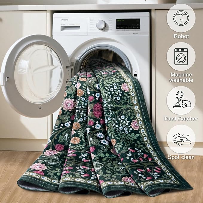 6x9 Area Rugs for Living Room: Floral Washable Rug Vintage Large Soft Boho Non-Slip Carpet Indoor Stain Resistant Thin Carpets for Bedroom Dining Room Farmhouse Nursery Hallway Home Office Dark Green